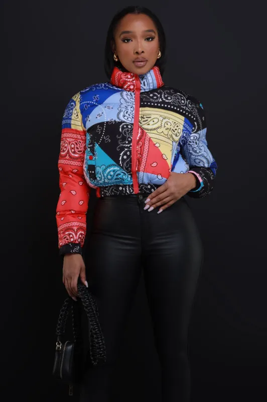 Patch Me In Cropped Puffer Jacket - Black Multicolor sold by Swankaposh