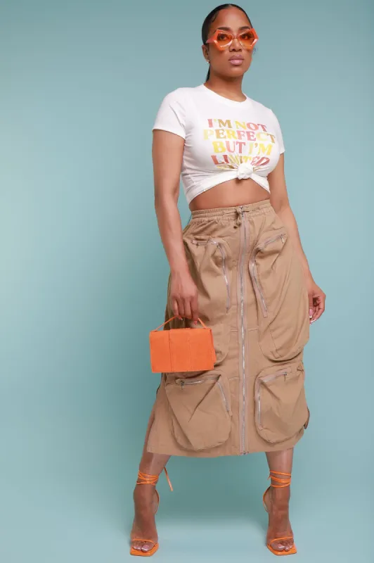 Square One Cargo Full Zip Midi Skirt - Khaki sold by Swankaposh