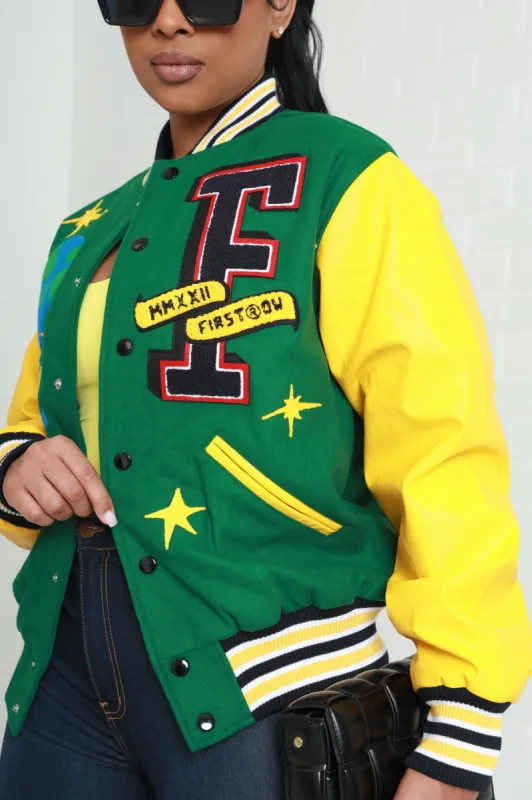 Secret Mission Faux Leather Varsity Jacket - Green/Yellow sold by Swankaposh