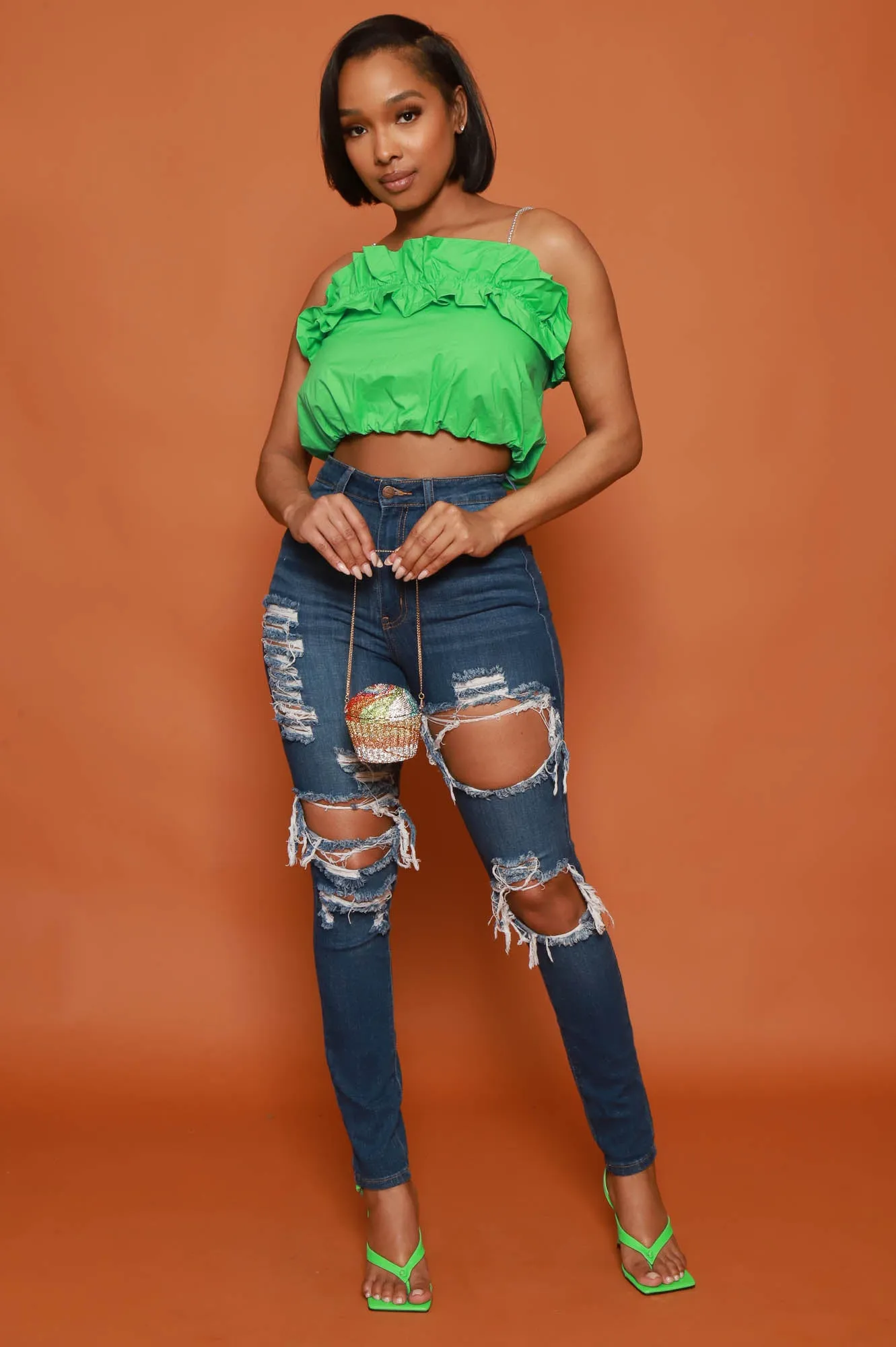 Open Call Rhinestone Ruffled Crop Top - Green sold by Swankaposh product image thumbnail 4