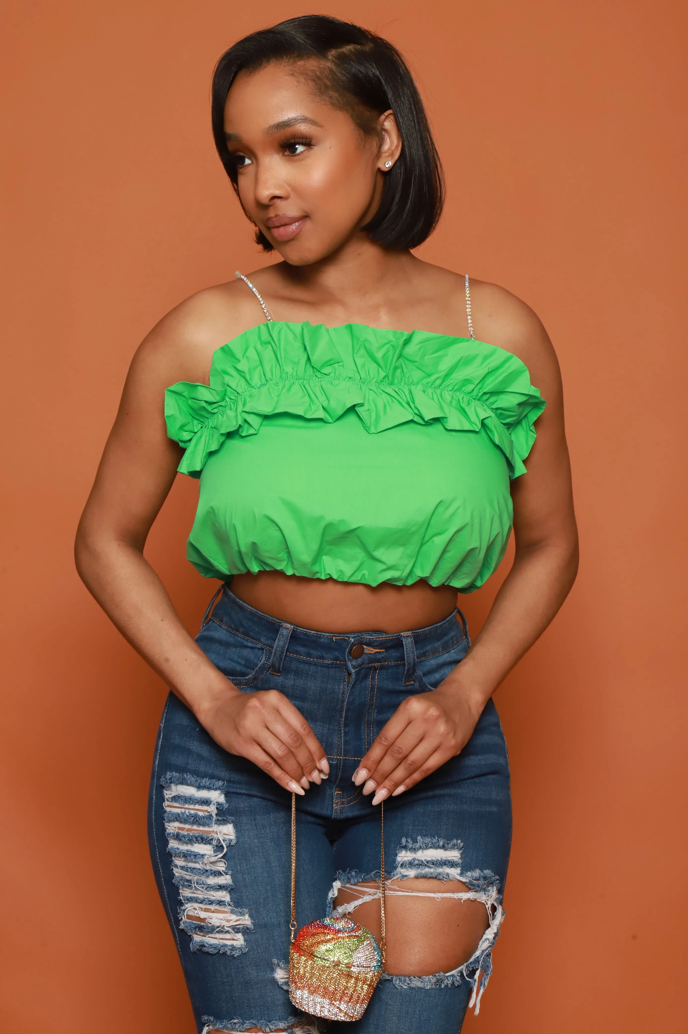 Open Call Rhinestone Ruffled Crop Top - Green sold by Swankaposh