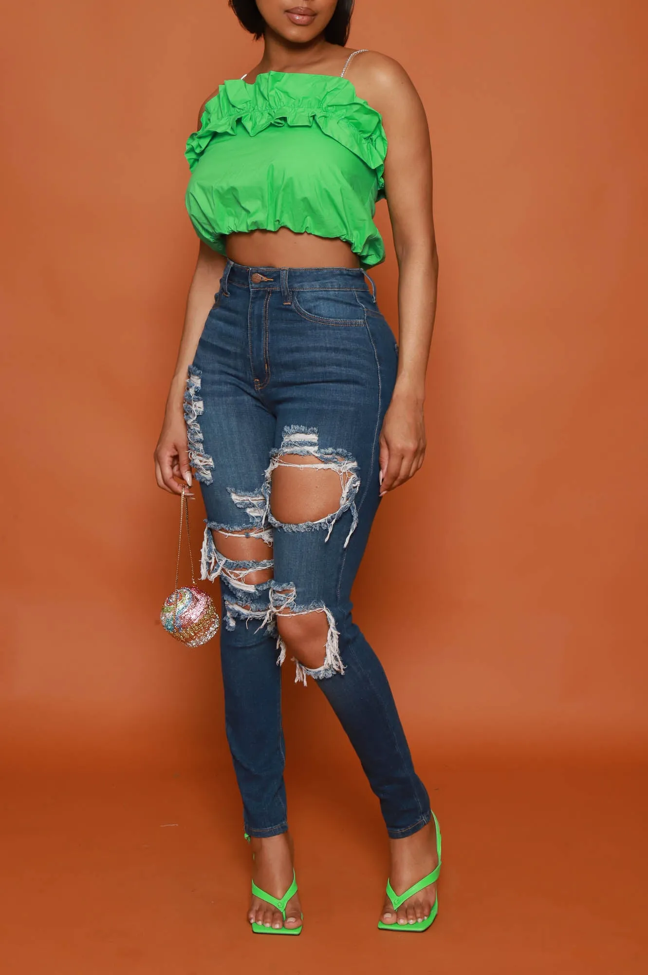 Open Call Rhinestone Ruffled Crop Top - Green sold by Swankaposh product image thumbnail 5