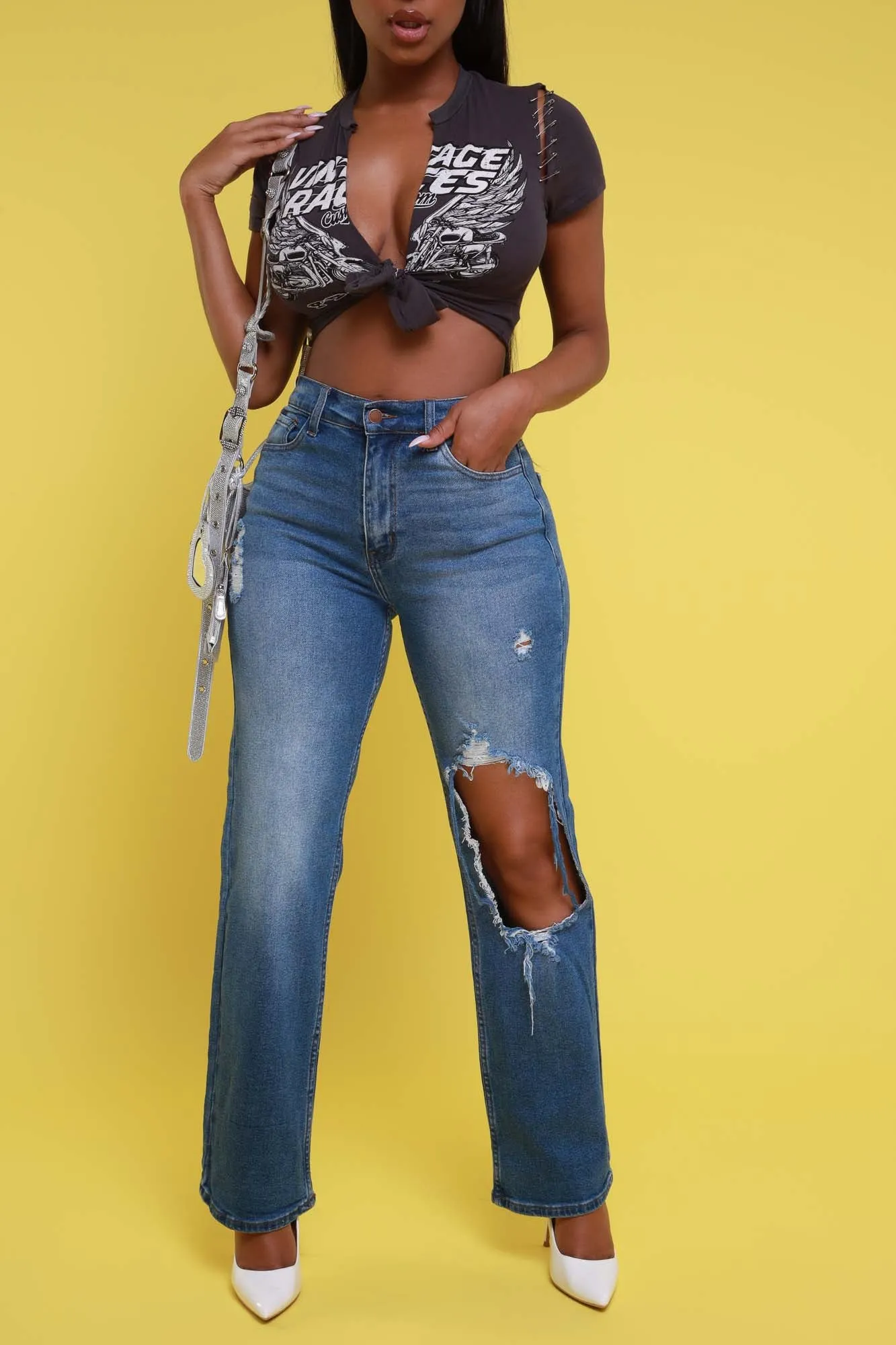 Full Speed Embellished Graphic Tie Up Crop Top - Charcoal Gray sold by Swankaposh product image thumbnail 5