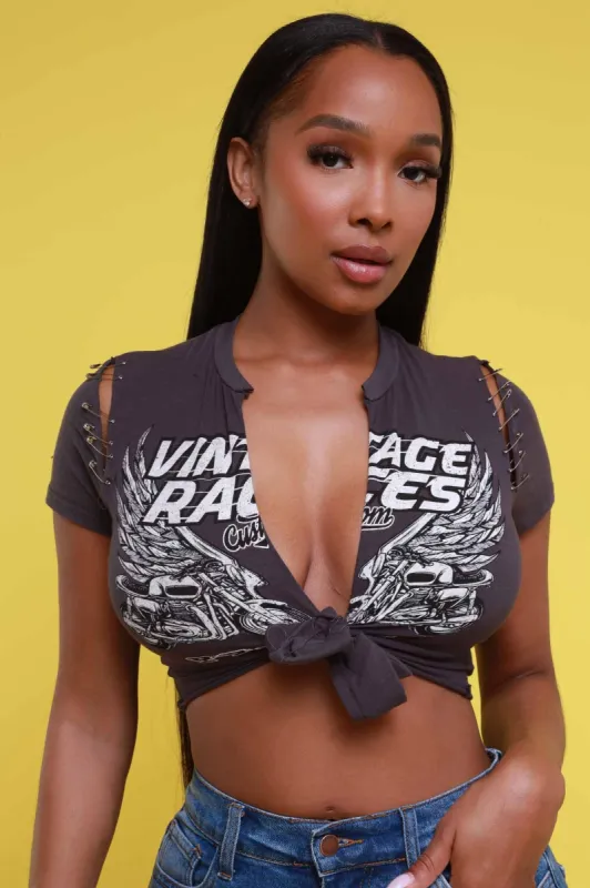 Full Speed Embellished Graphic Tie Up Crop Top - Charcoal Gray sold by Swankaposh