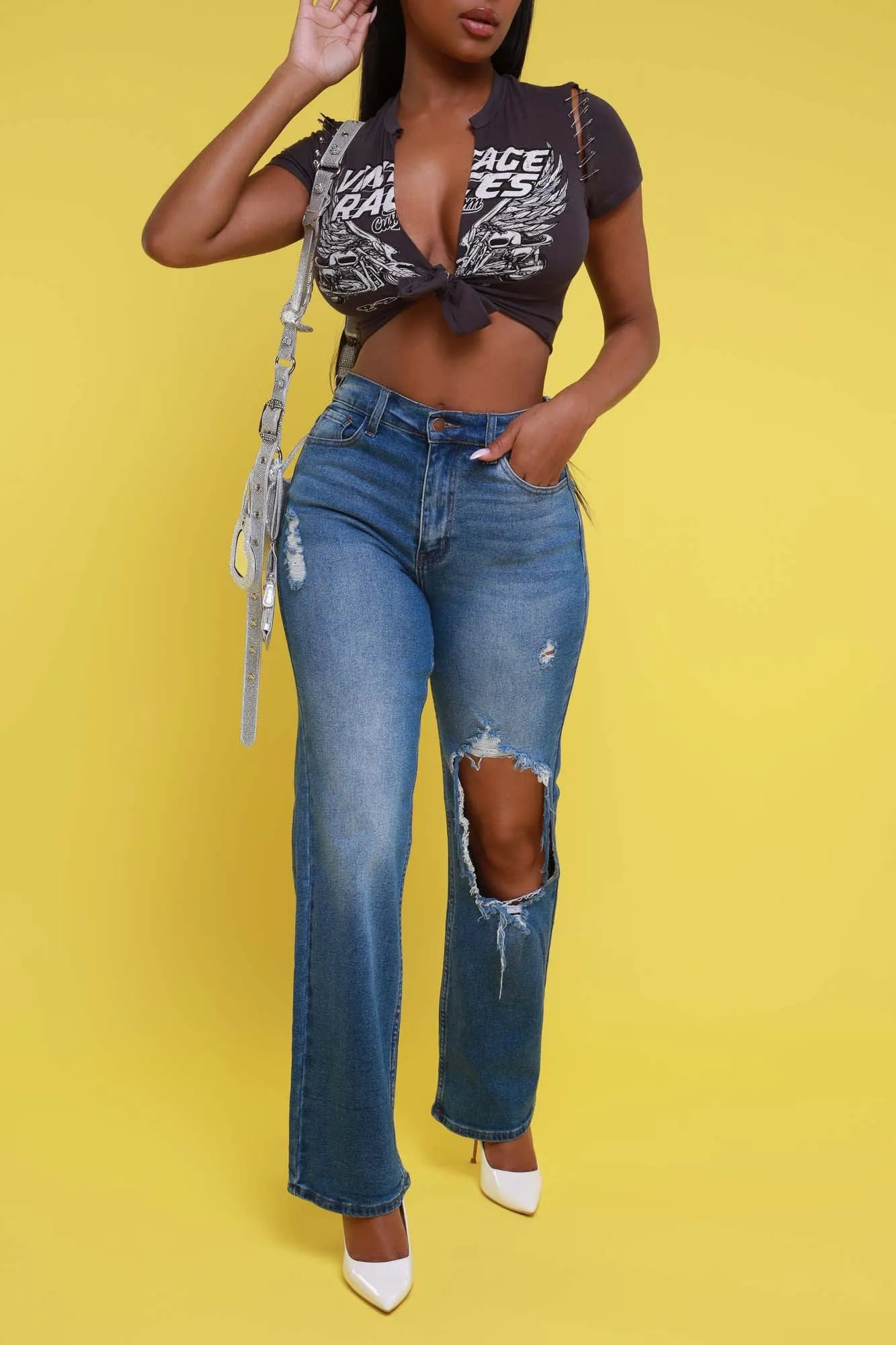 Full Speed Embellished Graphic Tie Up Crop Top - Charcoal Gray sold by Swankaposh product image thumbnail 2