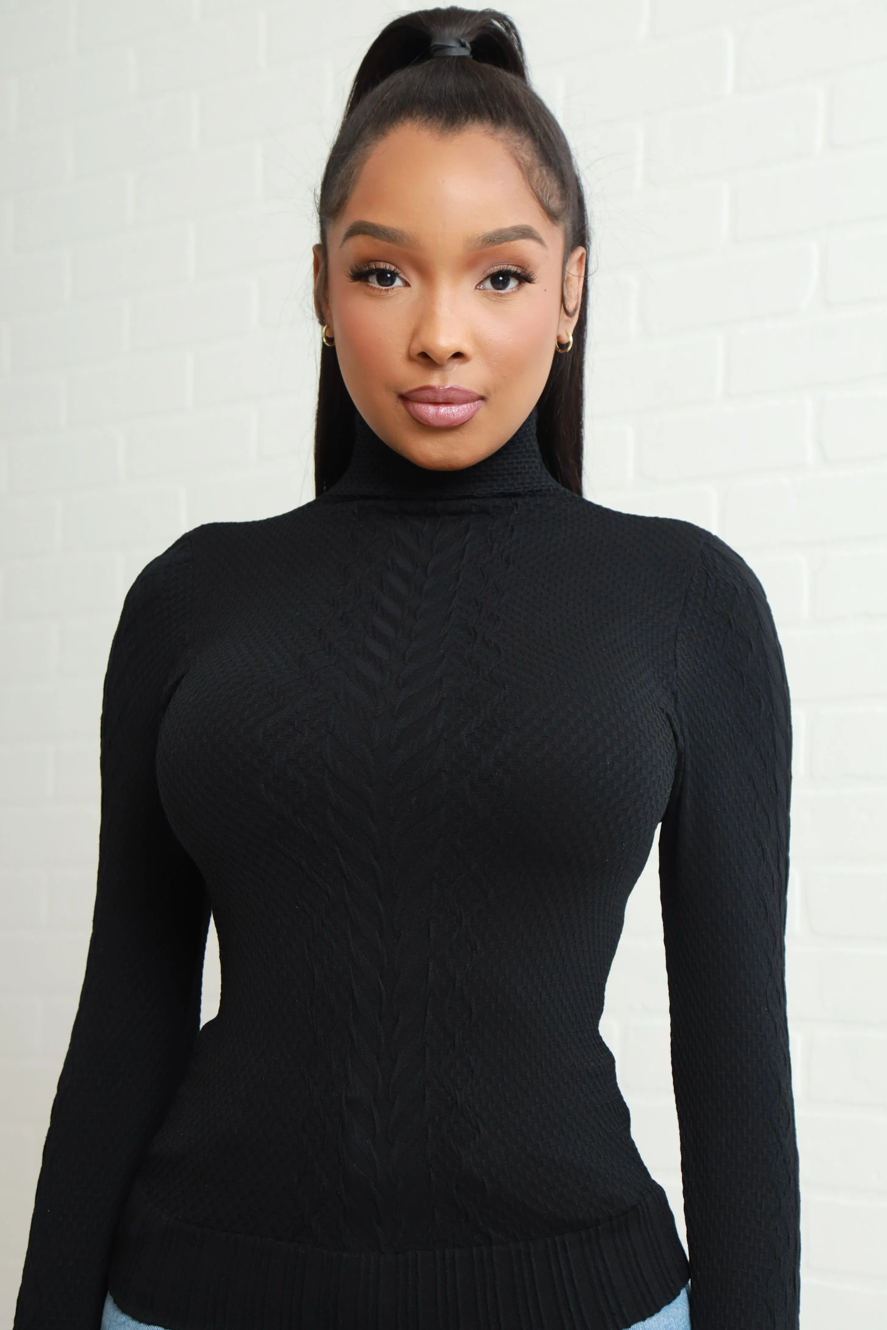 Too Cozy Mock Neck Cable Knit Sweater - Black sold by Swankaposh