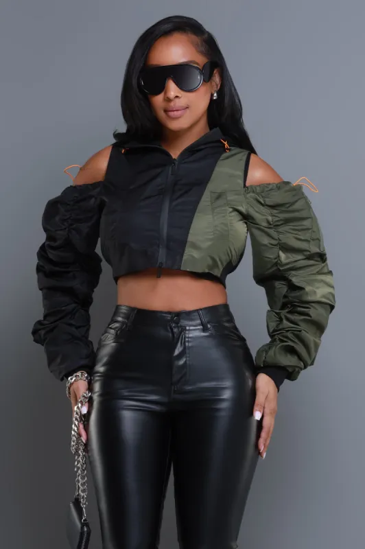 Members Only Cropped Windbreaker Jacket - Olive/Black sold by Swankaposh