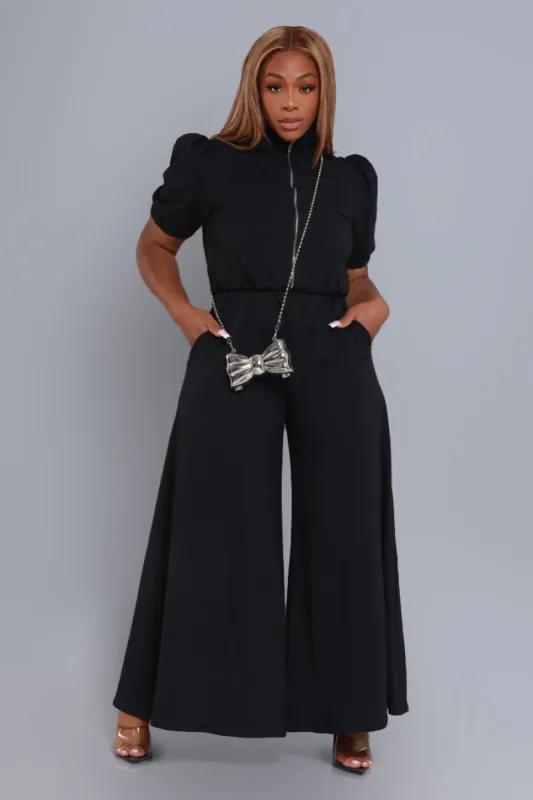 Find My Way Puff Sleeve Wide Leg Jumpsuit - Black sold by Swankaposh