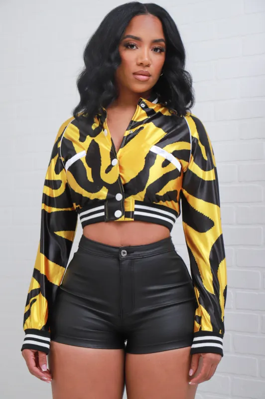 Shot Clock Animal Print Cropped Jacket - Yellow/Black sold by Swankaposh