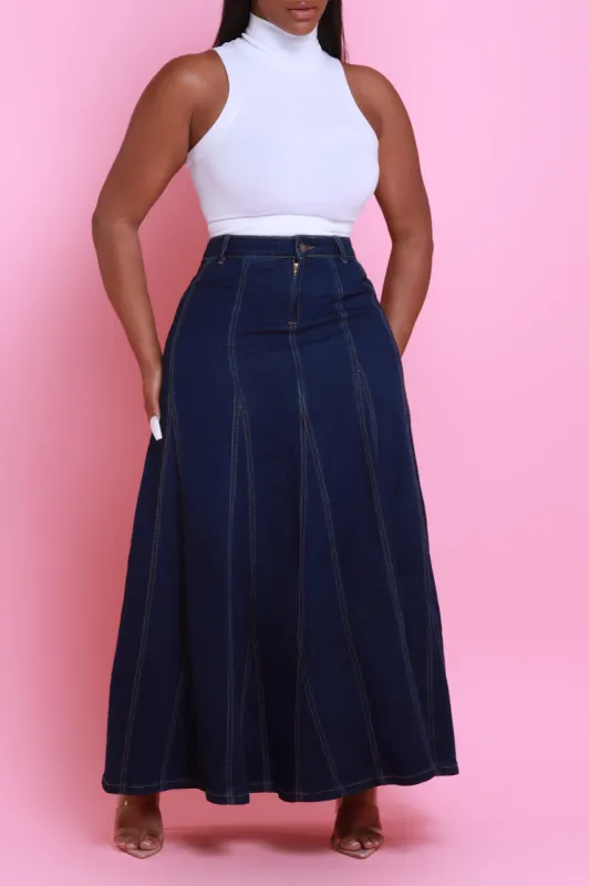 Owe You One Flared Denim Maxi Skirt - Dark Wash sold by Swankaposh