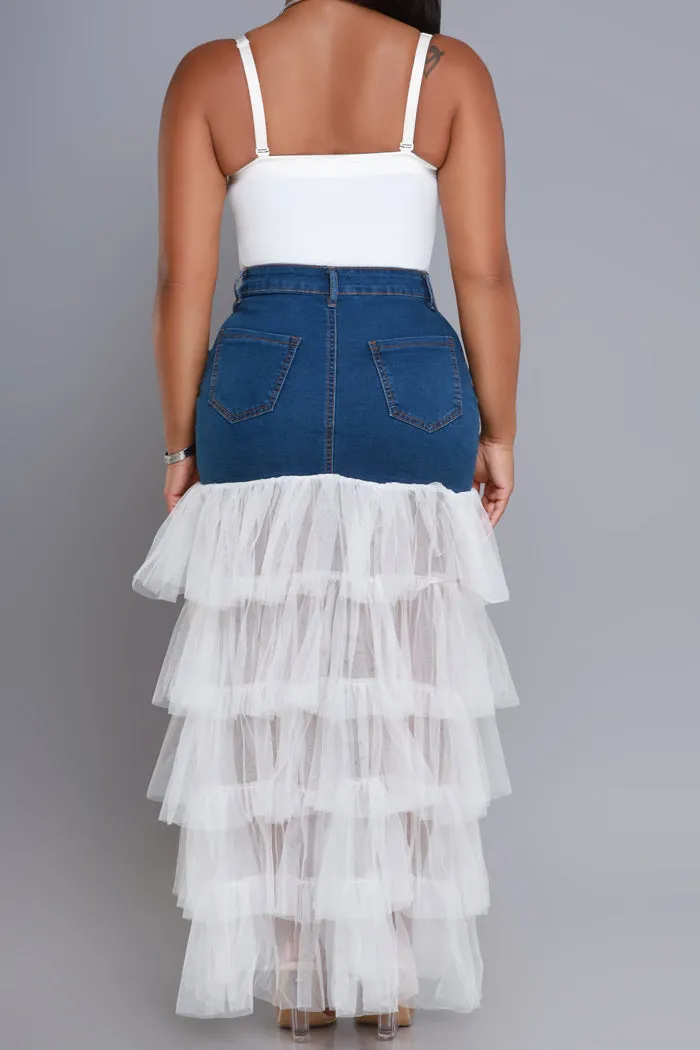 Deny Me This Ruffled Denim Maxi Skirt - Dark Wash/White sold by Swankaposh product image thumbnail 2