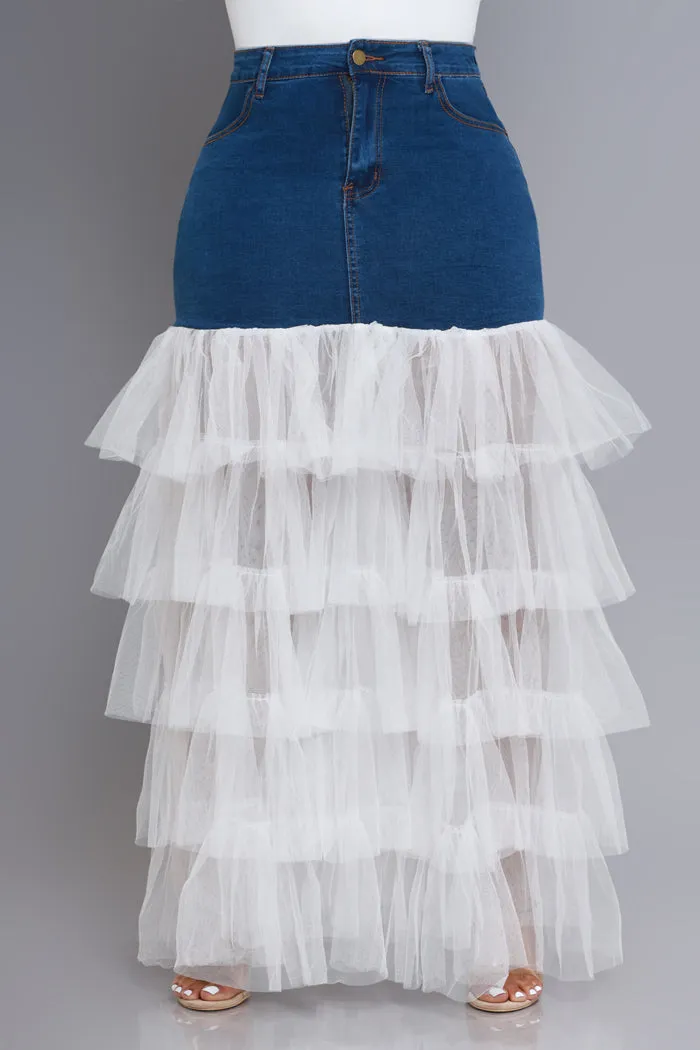 Deny Me This Ruffled Denim Maxi Skirt - Dark Wash/White sold by Swankaposh product image thumbnail 5
