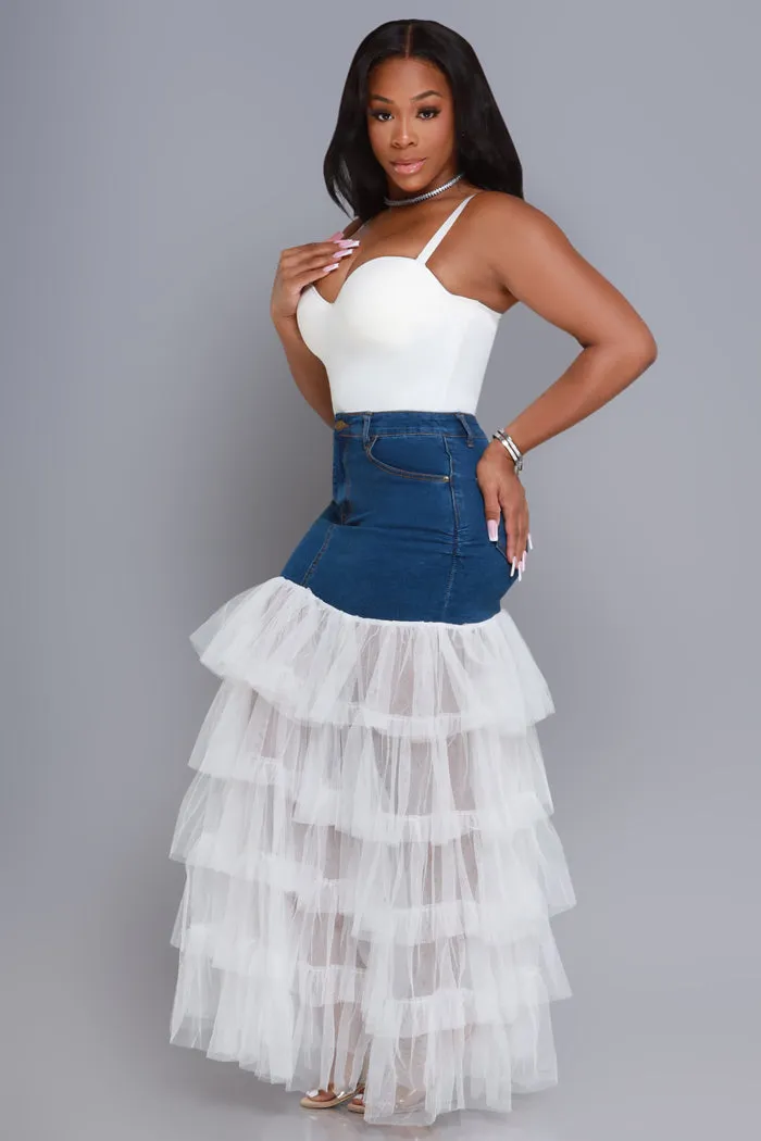 Deny Me This Ruffled Denim Maxi Skirt - Dark Wash/White sold by Swankaposh product image thumbnail 3