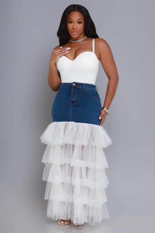 Deny Me This Ruffled Denim Maxi Skirt - Dark Wash/White sold by Swankaposh