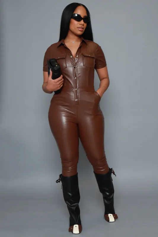 Run The Streets Faux Leather Jumpsuit - Brown sold by Swankaposh