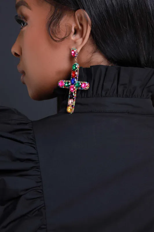 Divine Rhinestone Cross Earrings - Gold Multicolor sold by Swankaposh