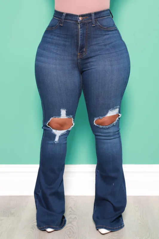 Busted Distressed High Rise Flare Jeans - Dark Wash sold by Swankaposh