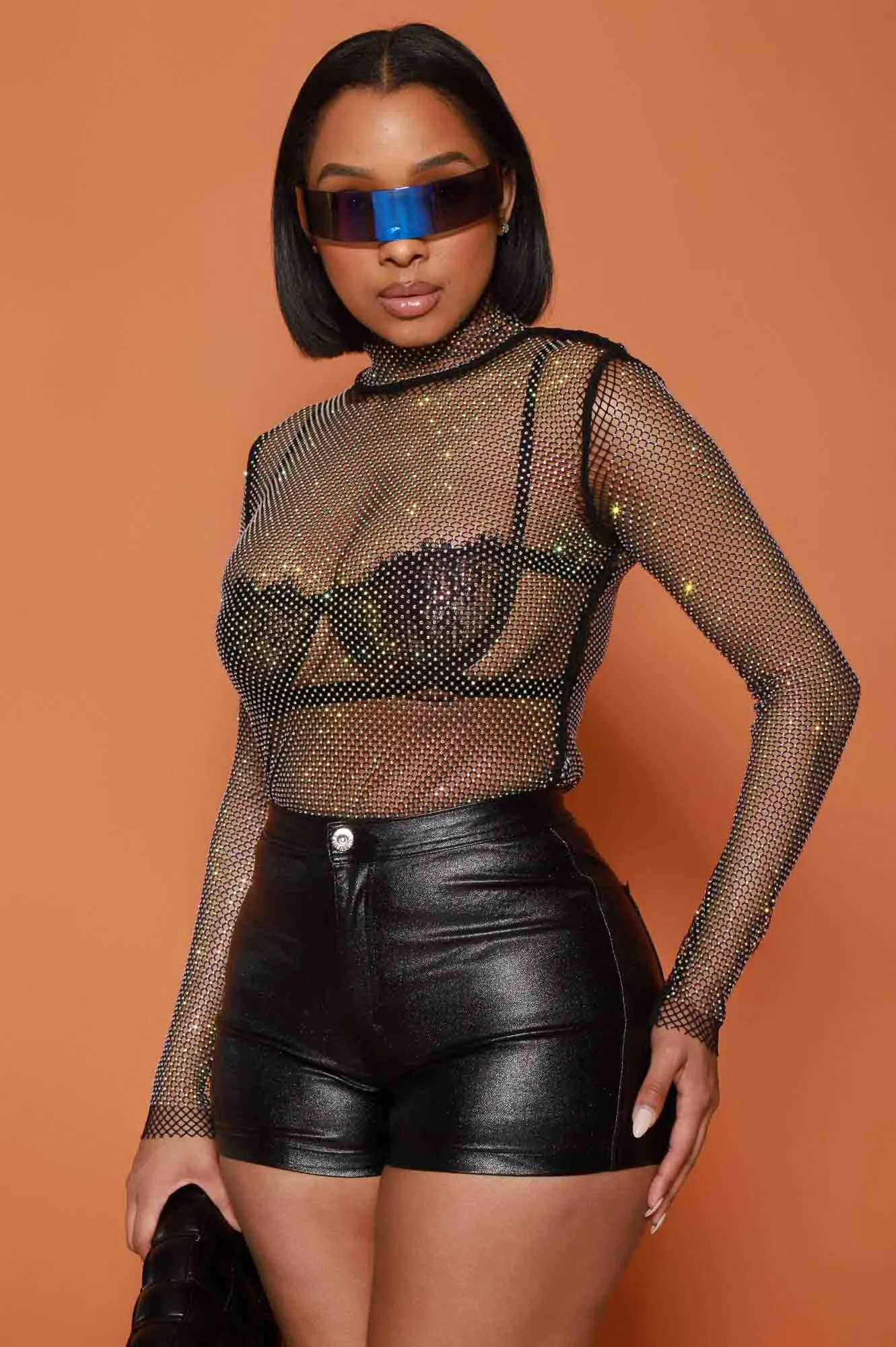 Dark Horse Mock Neck Rhinestone Mesh Top - Black sold by Swankaposh