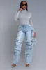 Down We Go High Rise Cargo Jeans - Light Wash sold by Swankaposh