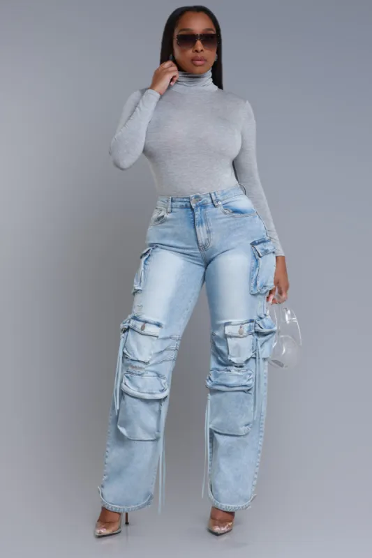 Down We Go High Rise Cargo Jeans - Light Wash sold by Swankaposh