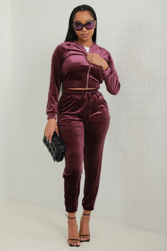 Still That Girl Velvet Jogger Set - Berry sold by Swankaposh