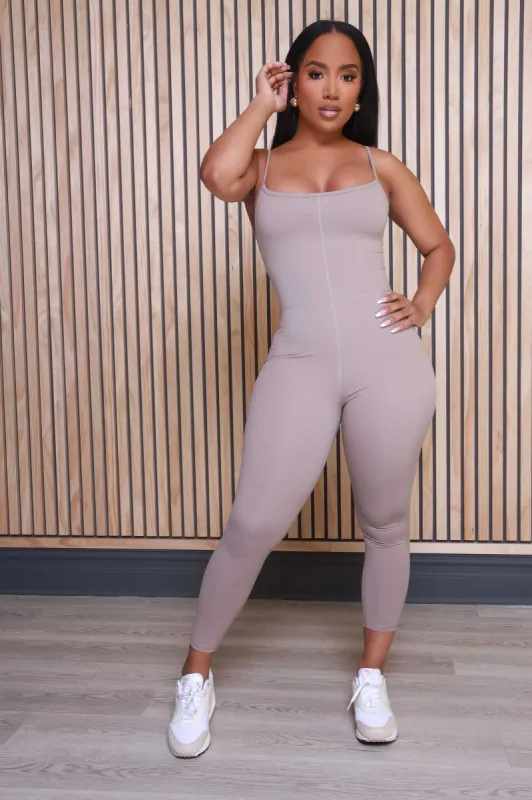 Rumor Has It Sleeveless Jumpsuit - Taupe sold by Swankaposh