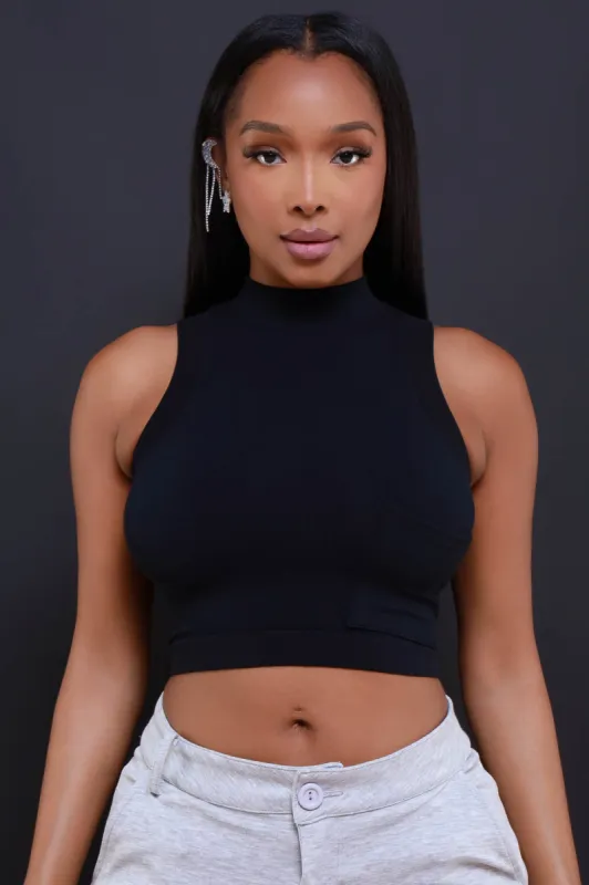 Sit Tight Micro Ribbed Pocket Crop Top - Black sold by Swankaposh