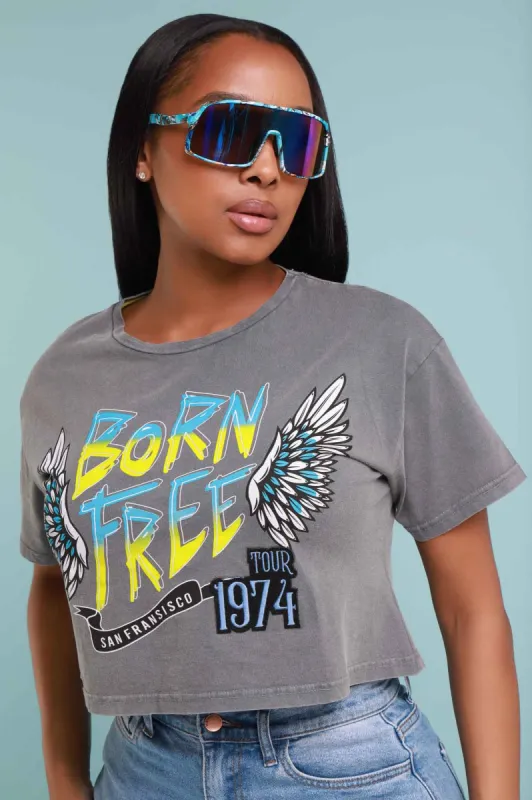 Born Free Cropped Graphic T-Shirt - Grey/Blue sold by Swankaposh
