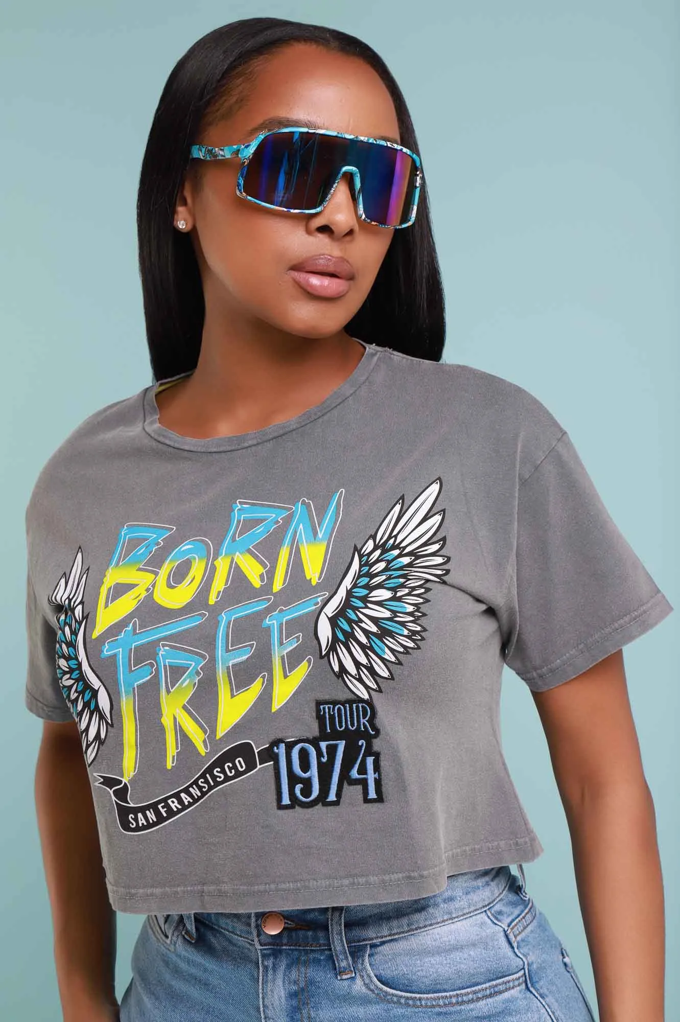 Born Free Cropped Graphic T-Shirt - Grey/Blue sold by Swankaposh