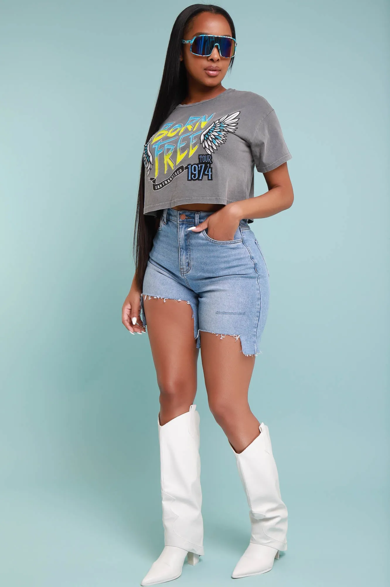 Born Free Cropped Graphic T-Shirt - Grey/Blue sold by Swankaposh product image thumbnail 5
