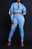 Top Priority Zippered Cropped Jogger Set - Light Wash Denim sold by Swankaposh