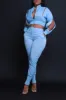 Top Priority Zippered Cropped Jogger Set - Light Wash Denim sold by Swankaposh