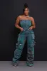 Jaded Strapless Denim Cargo Jumpsuit - Green/Blue sold by Swankaposh