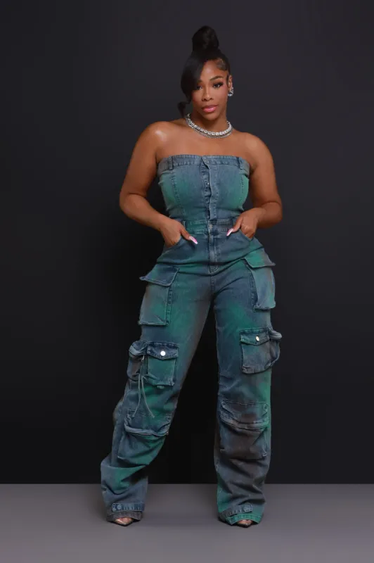 Jaded Strapless Denim Cargo Jumpsuit - Green/Blue sold by Swankaposh