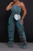 Jaded Strapless Denim Cargo Jumpsuit - Green/Blue sold by Swankaposh