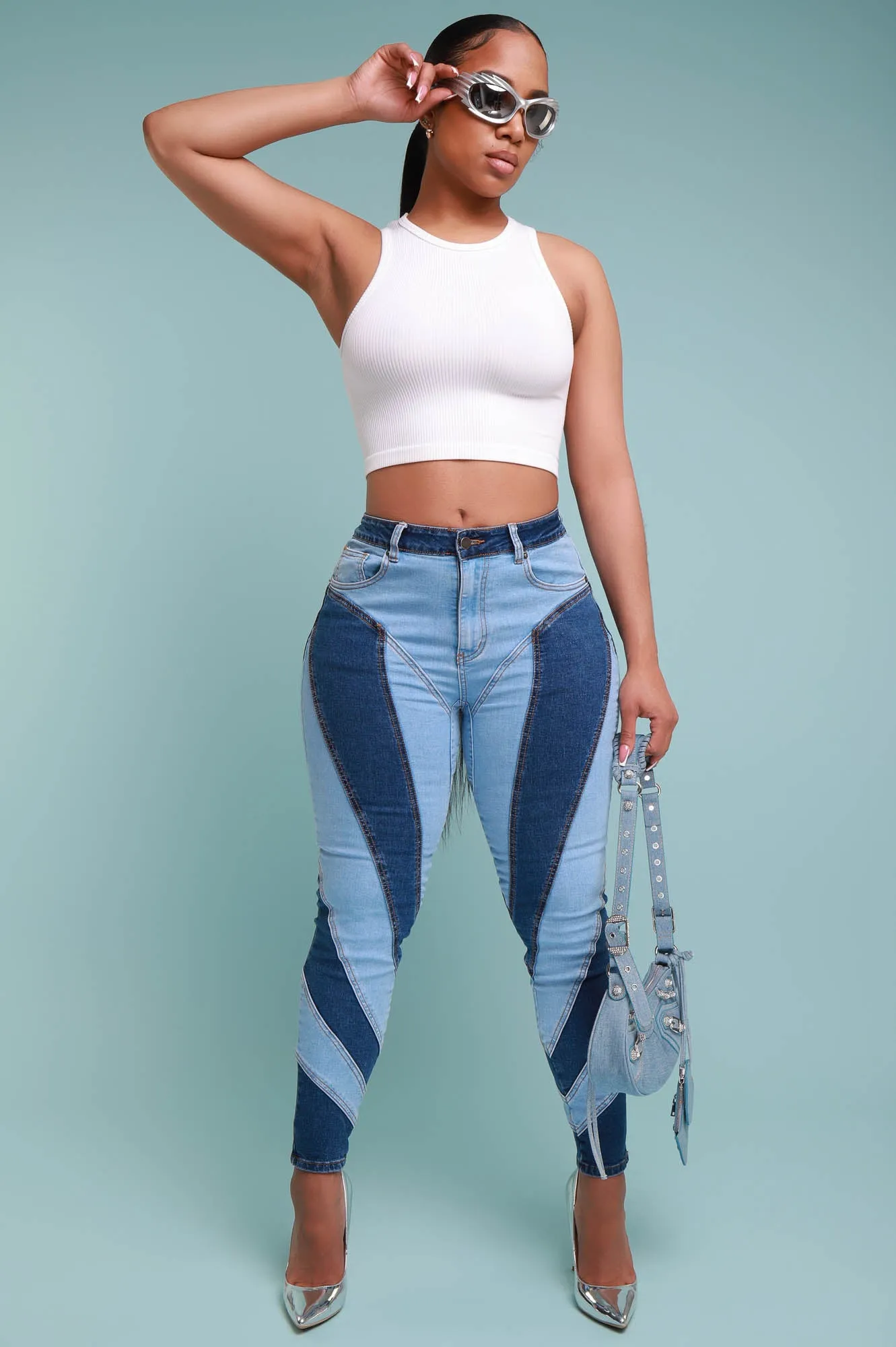 Two Faced Patchwork Skinny Jeans - Blue/Light Blue sold by Swankaposh