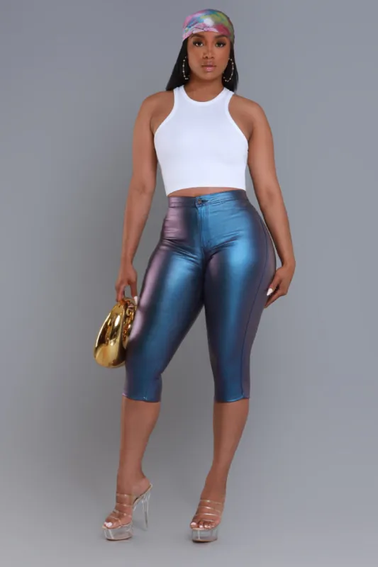 Make It Shimmer High Rise Metallic Capri Pants - Blue made by Swankaposh