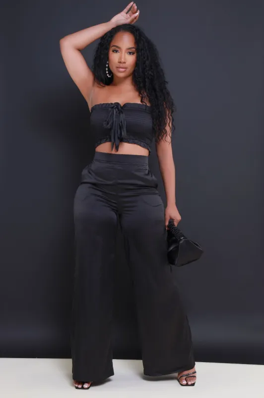 Hold Me Close Satin Cropped Pants Set - Black sold by Swankaposh