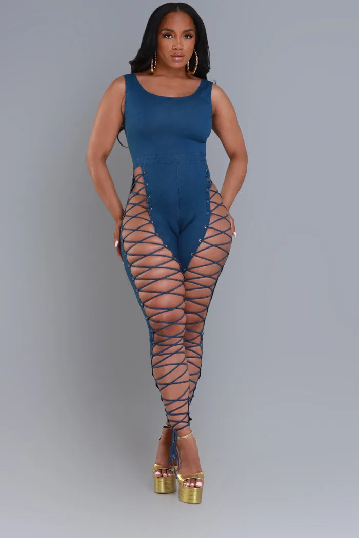 Hot In Here Lace Up Jumpsuit - Med Wash sold by Swankaposh