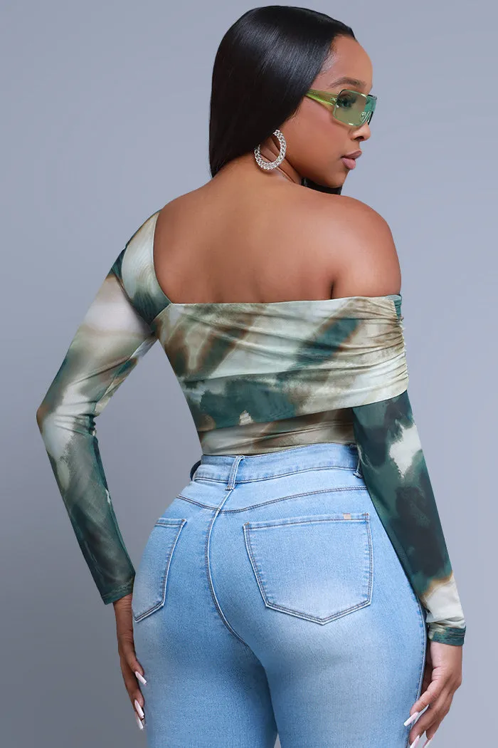 Echoes Asymmetrical Mesh Print Blouse - Olive/Green sold by Swankaposh product image thumbnail 3