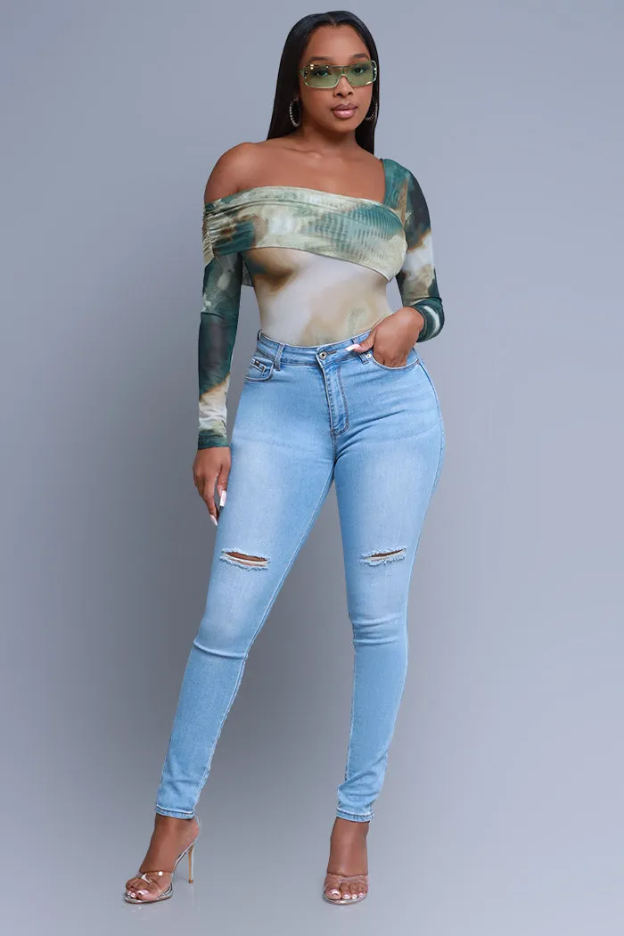 Echoes Asymmetrical Mesh Print Blouse - Olive/Green sold by Swankaposh product image thumbnail 4