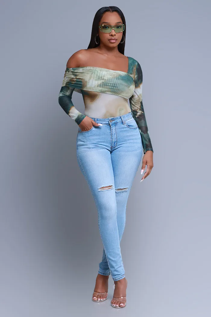 Echoes Asymmetrical Mesh Print Blouse - Olive/Green sold by Swankaposh product image thumbnail 2