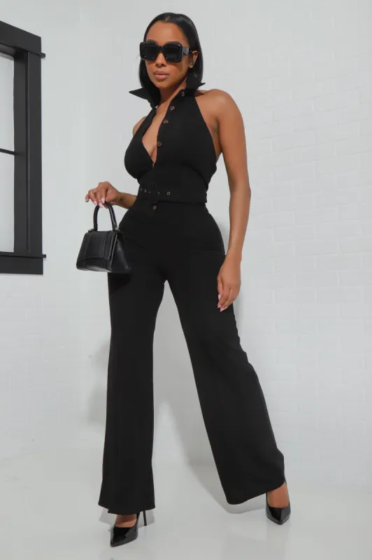 First Pick Halter Neck Belted Jumpsuit - Black sold by Swankaposh