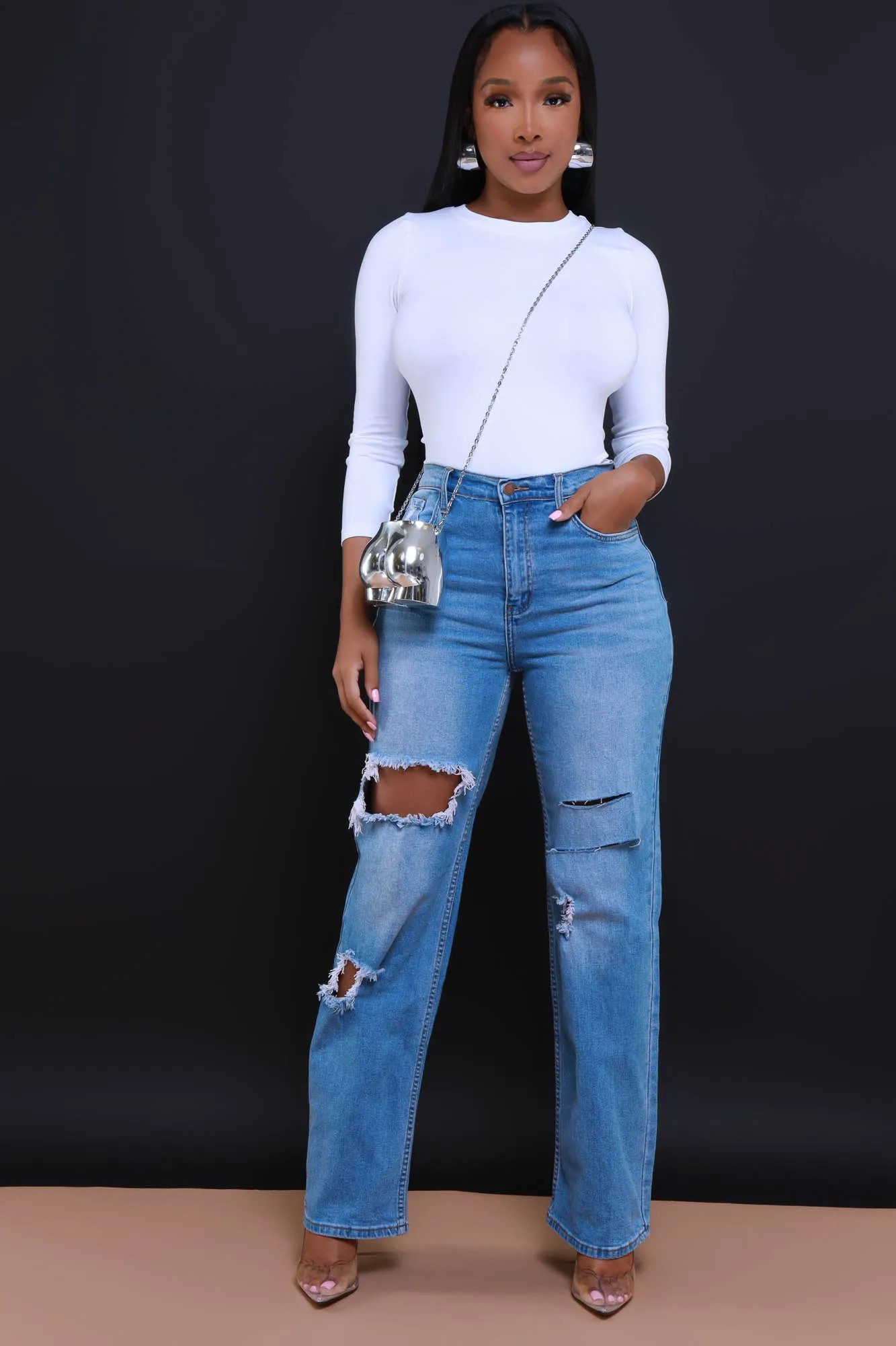 Back Talk High Rise Distressed Stretch Bootcut Jeans - Medium Wash sold by Swankaposh