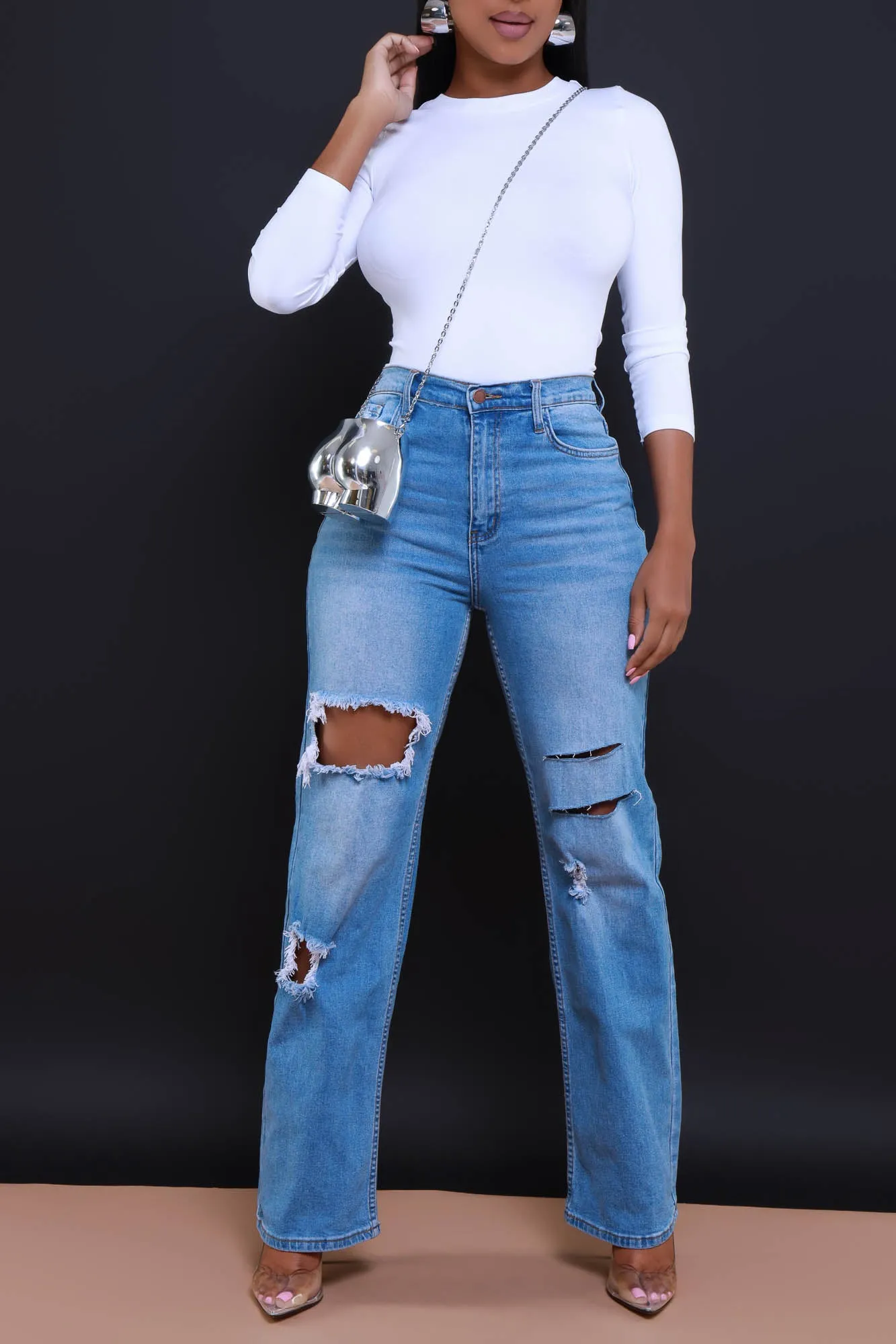 Back Talk High Rise Distressed Stretch Bootcut Jeans - Medium Wash sold by Swankaposh product image thumbnail 5