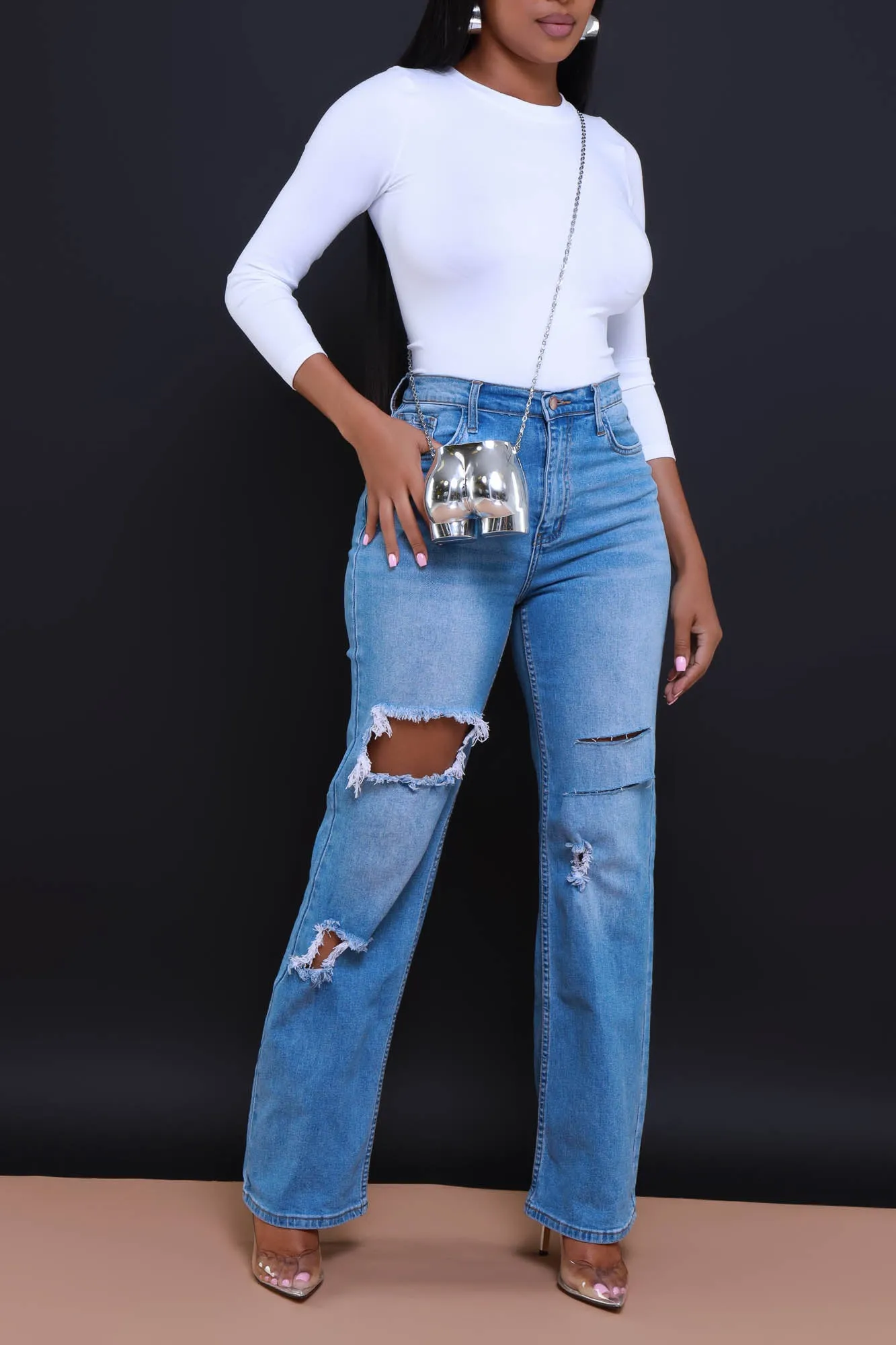 Back Talk High Rise Distressed Stretch Bootcut Jeans - Medium Wash sold by Swankaposh product image thumbnail 4