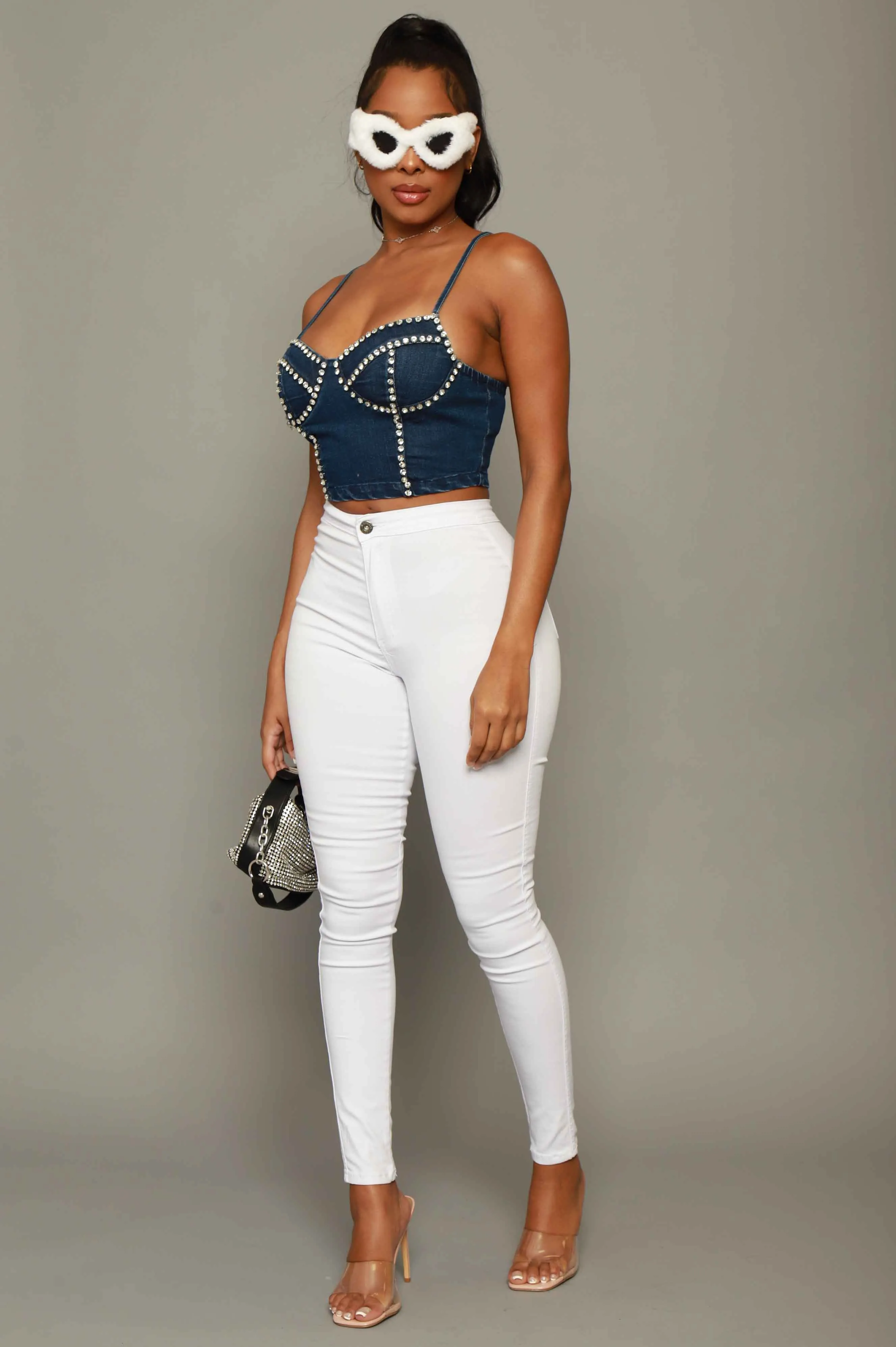 Excuse Me Miss Rhinestone Embellished Denim Corset - Medium Wash sold by Swankaposh product image thumbnail 5