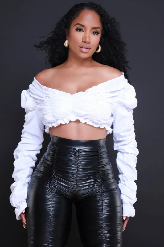 Take The Hint Ruched Ruffle Crop Top - White sold by Swankaposh