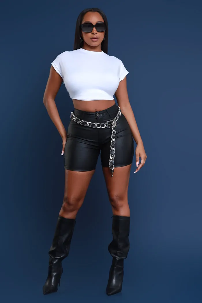 Earn It High Rise Faux Leather Shorts - Black sold by Swankaposh