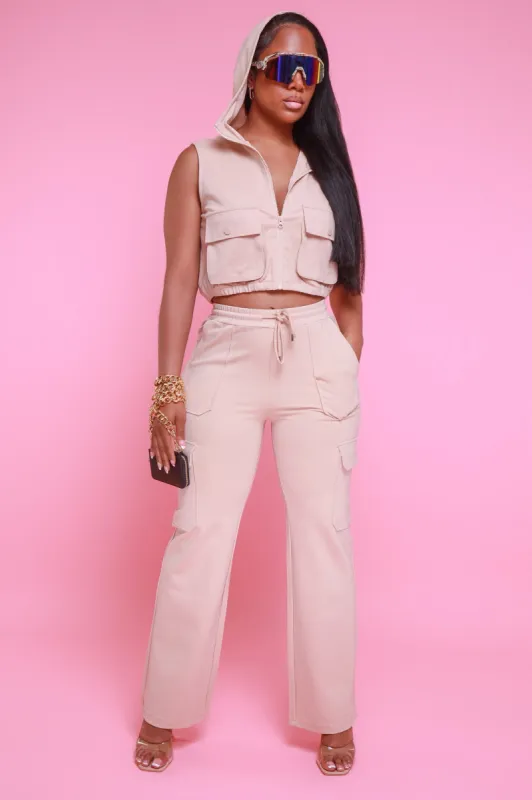 Got Plans Cargo Hooded Vest Pants Set - Tan sold by Swankaposh